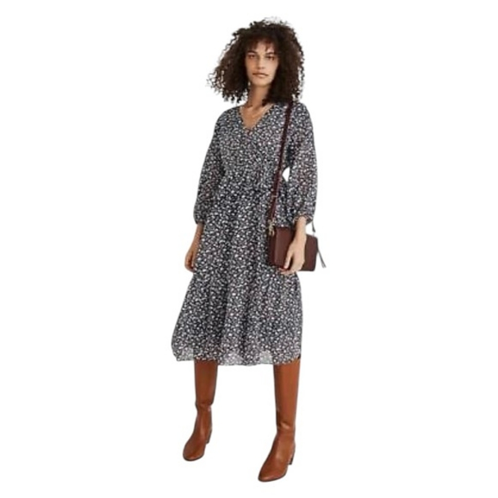 Madewell Tie-Waist Midi Dress in Harvest Vine Deep Navy Floral V- Size Small